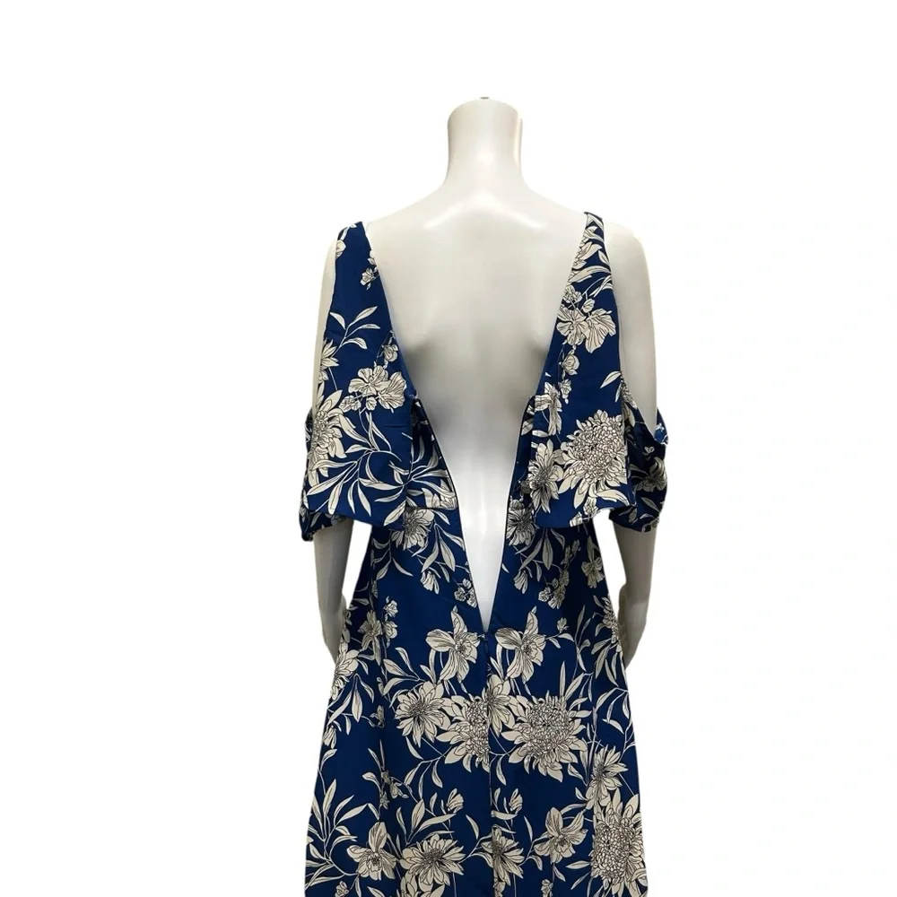 DEX Cold Shoulder Maxi Dress Blue Dahlia Floral Tiered Ruffle V-Neck Size M - Picture 8 of 11
